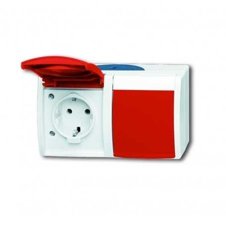 Busch-Jäger SCHUKO® outlet, 2x, with red hinged lids grey/bluegreen 2084-0-0700