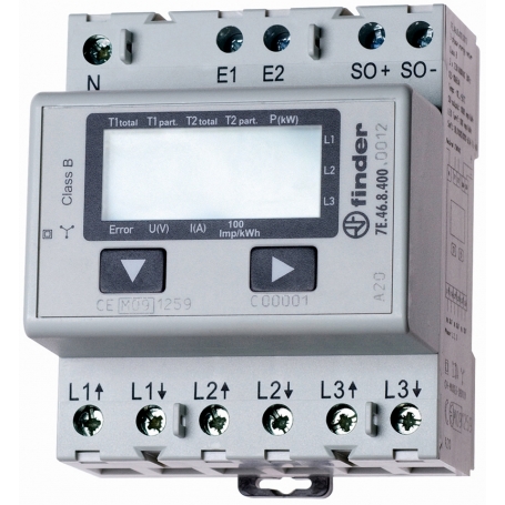 Finder 7E4684000012 contador -LCD, 1- y 2 contadores arancelarios, para corriente de tres fases 3, 65 A, interfaz SO, compatible