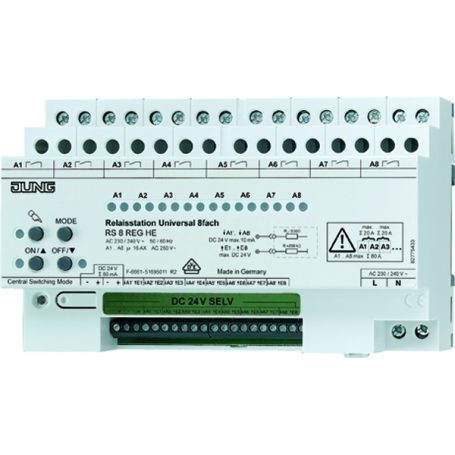 Jung RS 8 REGHE relay station, 8x, REG, rated voltage: AC 230/240 V, 50/60 Hz, 8 closers