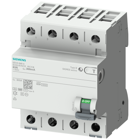 Siemens 5SV3346-4 Tipo de interruptor de protección FI B 63A 3+N-pol. 30mA 400V 4TE zoom a corto plazo.