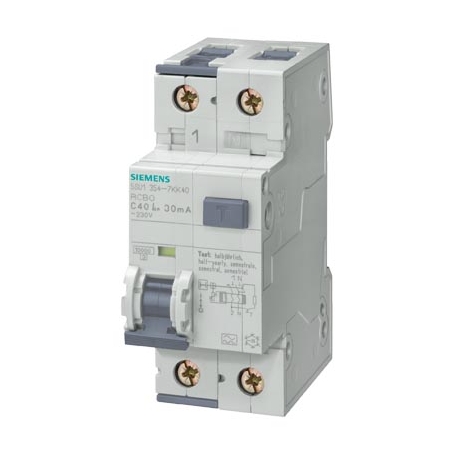 Siemens 5SU1354-7LB10 FI/LS-Schalter, 10 kA, 1P+N, Typ A, kurzzeitverzögert G, 30 mA, C-Char, In: 10 A